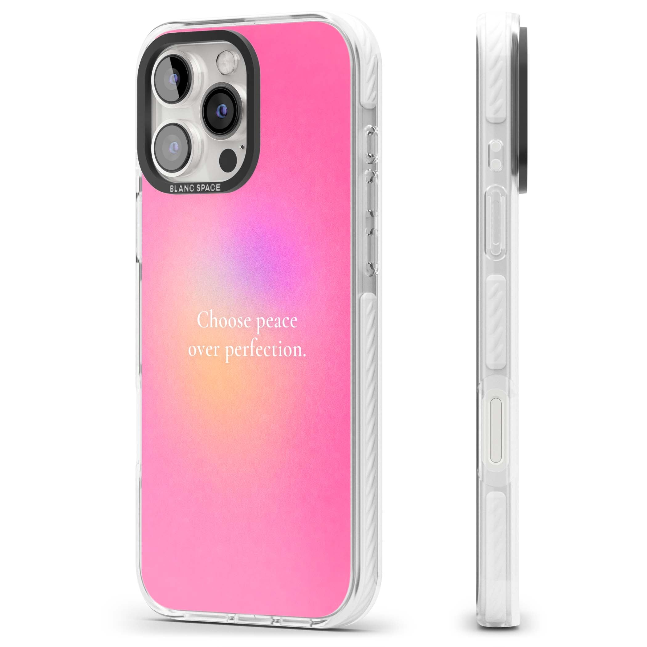Peace Over Perfection quote iPhone case featuring a dreamy pink aura gradient and delicate white affirmation text | Impact Magsafe case for iPhone 16 Pro, iPhone 16 Pro Max