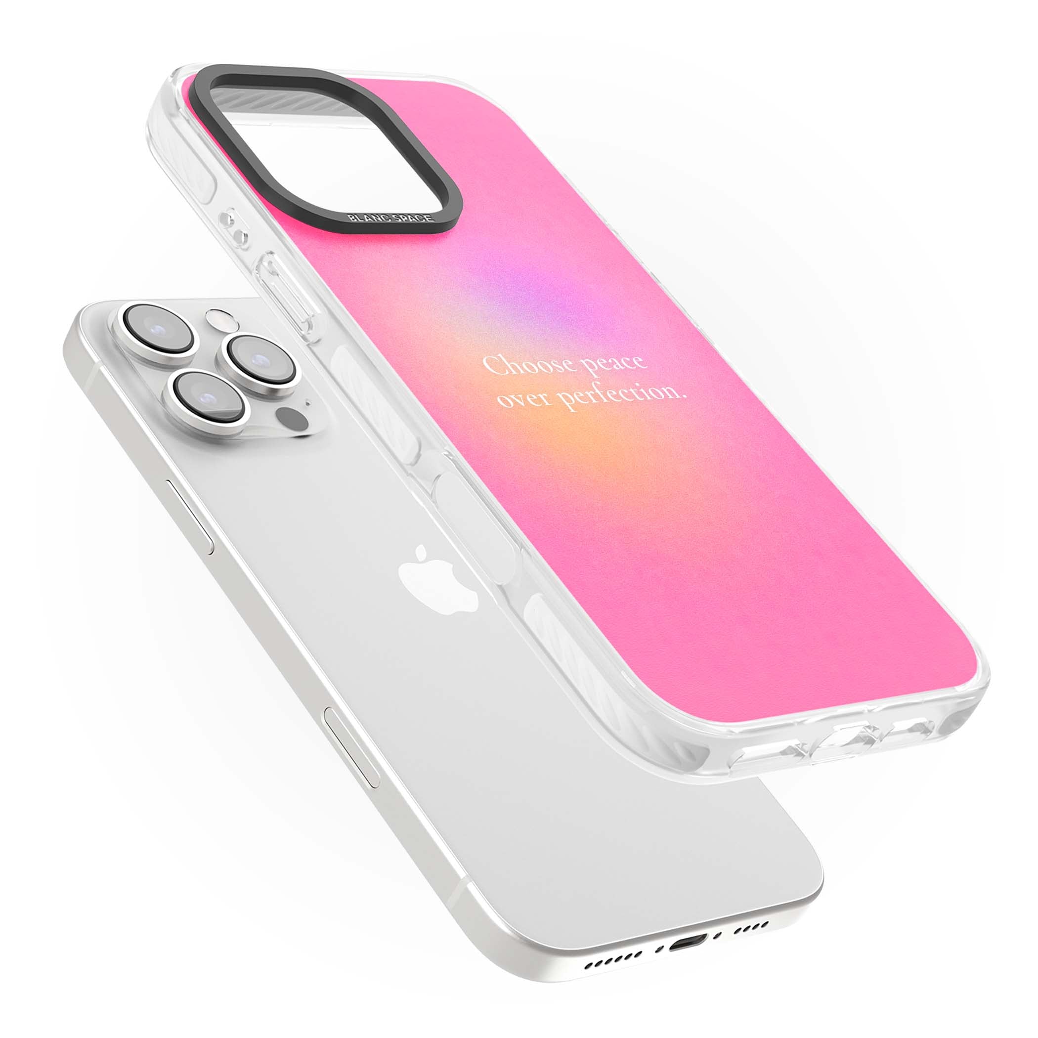 Peace Over Perfection quote iPhone case featuring a dreamy pink aura gradient and delicate white affirmation text | Impact Magsafe case for iPhone 16 Pro, iPhone 16 Pro Max
