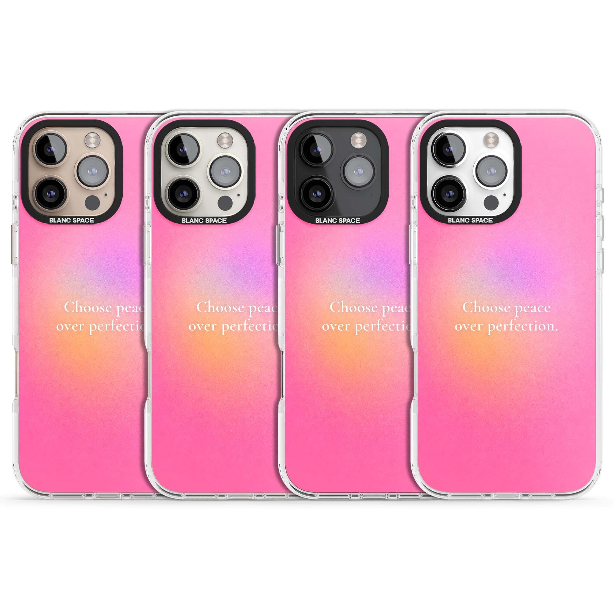 Peace Over Perfection quote iPhone case featuring a dreamy pink aura gradient and delicate white affirmation text | Impact Magsafe case for iPhone 16 Pro, iPhone 16 Pro Max