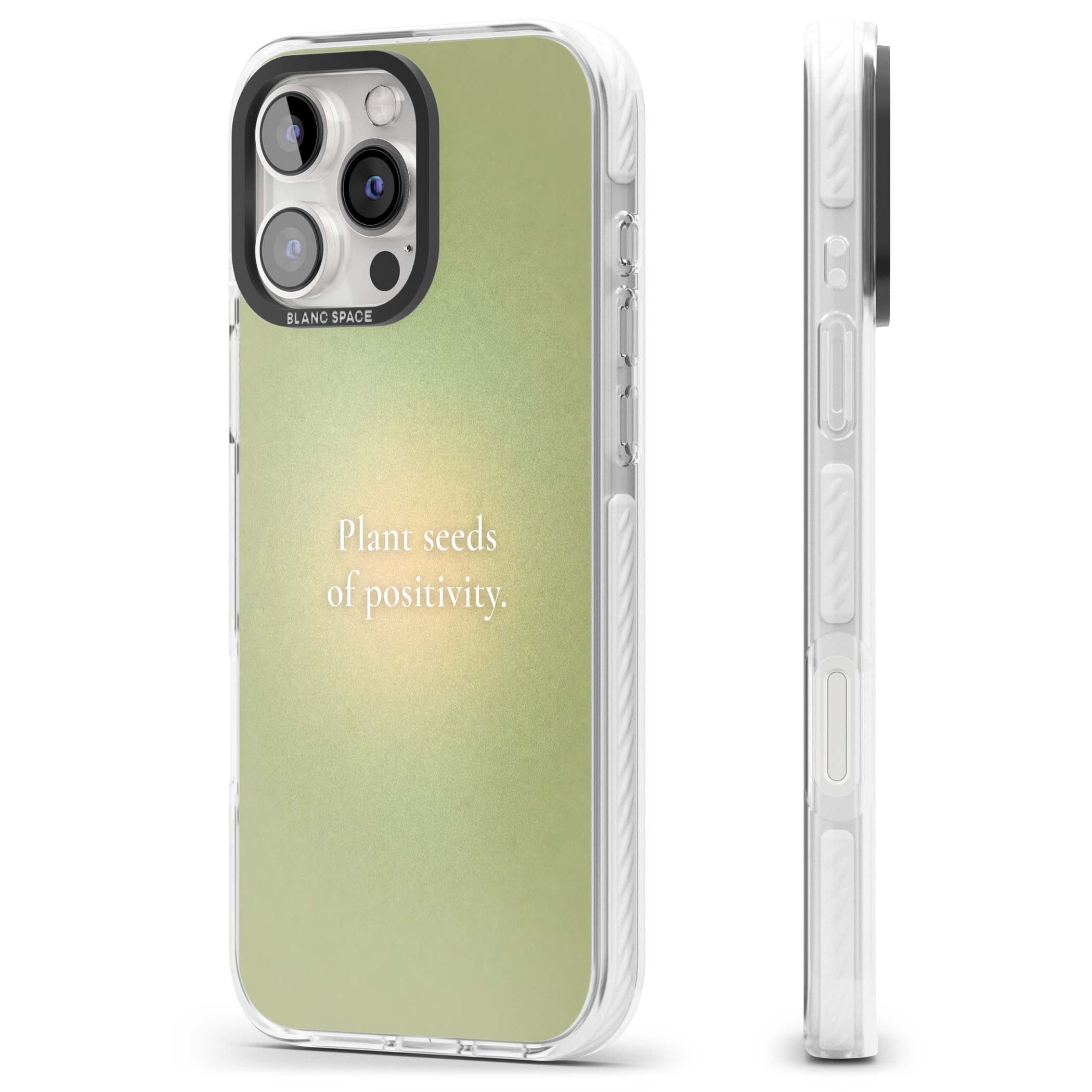 Seeds of Positivity quote iPhone case featuring a sage green aura gradient and golden glow affirmation | Impact Magsafe case for iPhone 16 Pro, iPhone 16 Pro Max