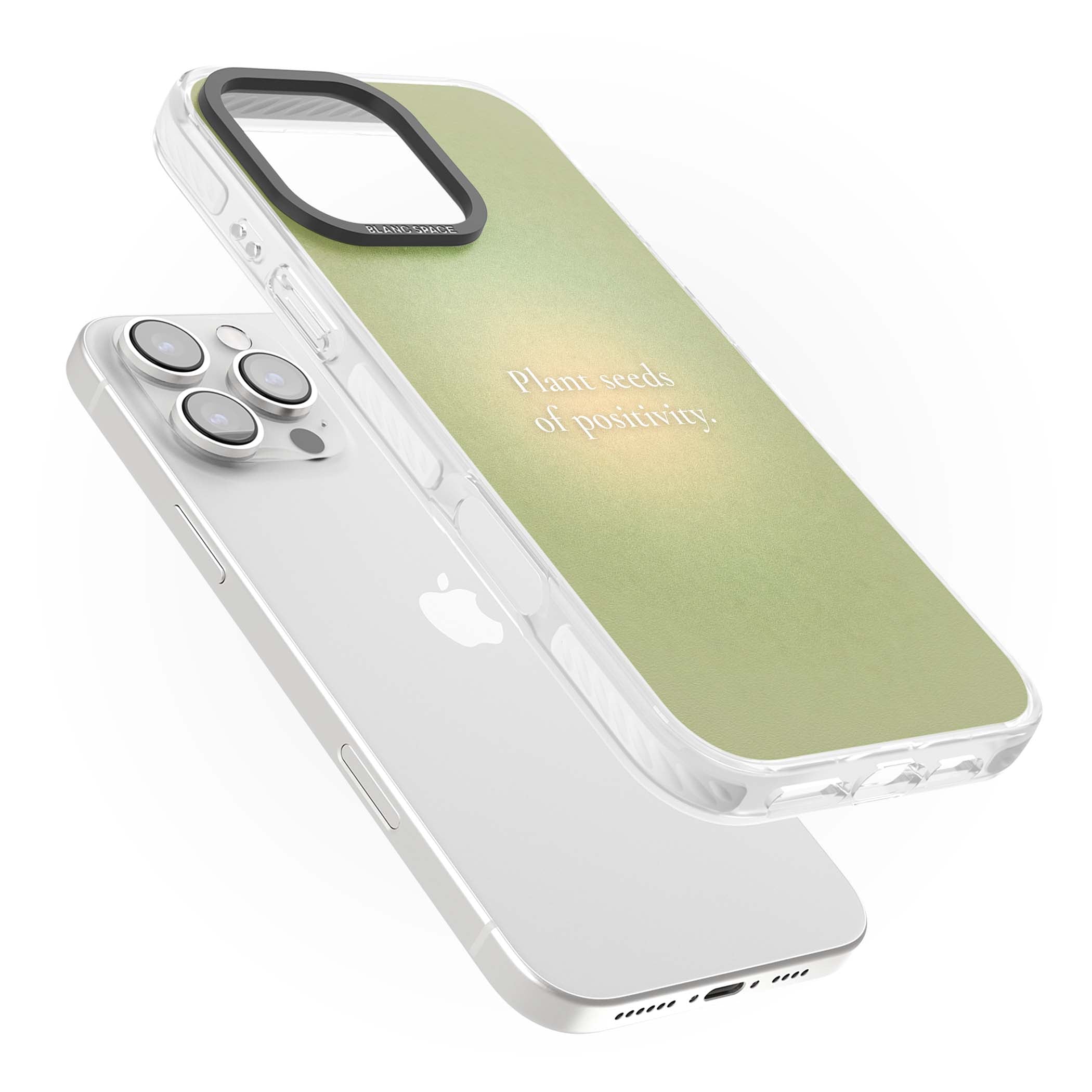 Seeds of Positivity quote iPhone case featuring a sage green aura gradient and golden glow affirmation | Impact Magsafe case for iPhone 16 Pro, iPhone 16 Pro Max