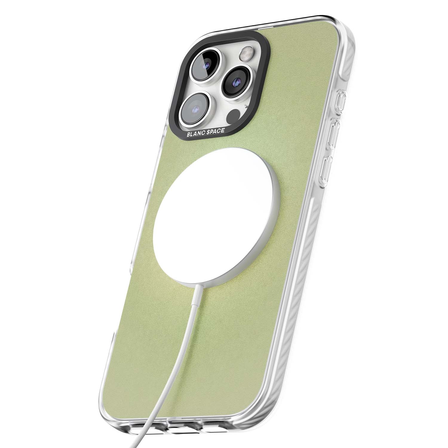 Seeds of Positivity quote iPhone case featuring a sage green aura gradient and golden glow affirmation | Impact Magsafe case for iPhone 16 Pro, iPhone 16 Pro Max