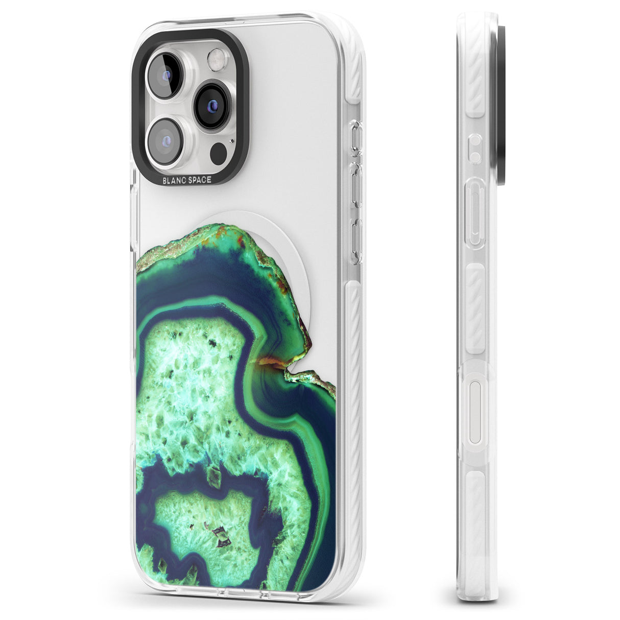 iPhone 16 Pro Max Neon Green & Blue Agate Crystal Transparent Design Black Impact Phone Case