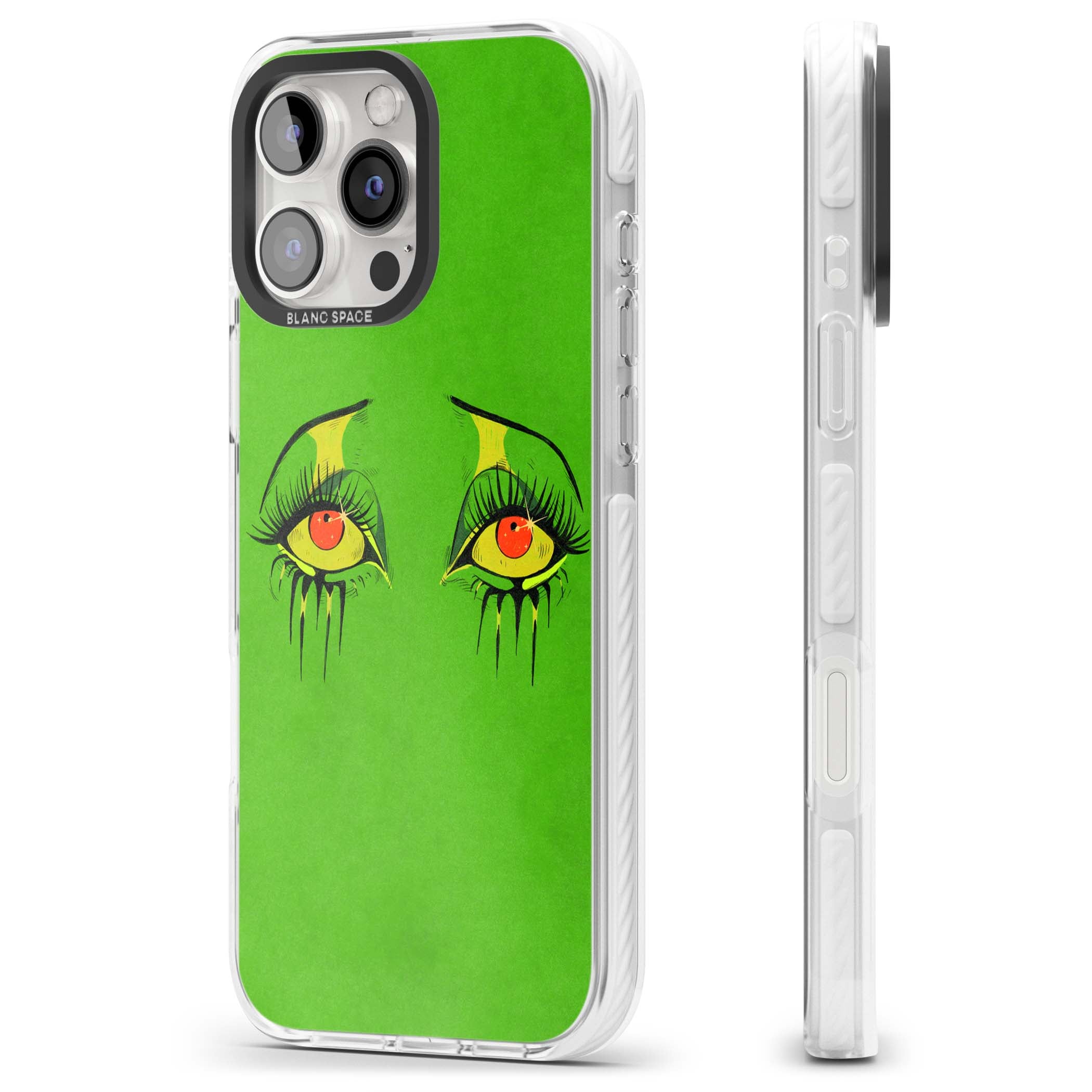 Green Enchanted Eyes psychedelic art iPhone case featuring hand-drawn dripping eyes on neon green background | Impact Magsafe case for iPhone 16 Pro, iPhone 16 Pro Max