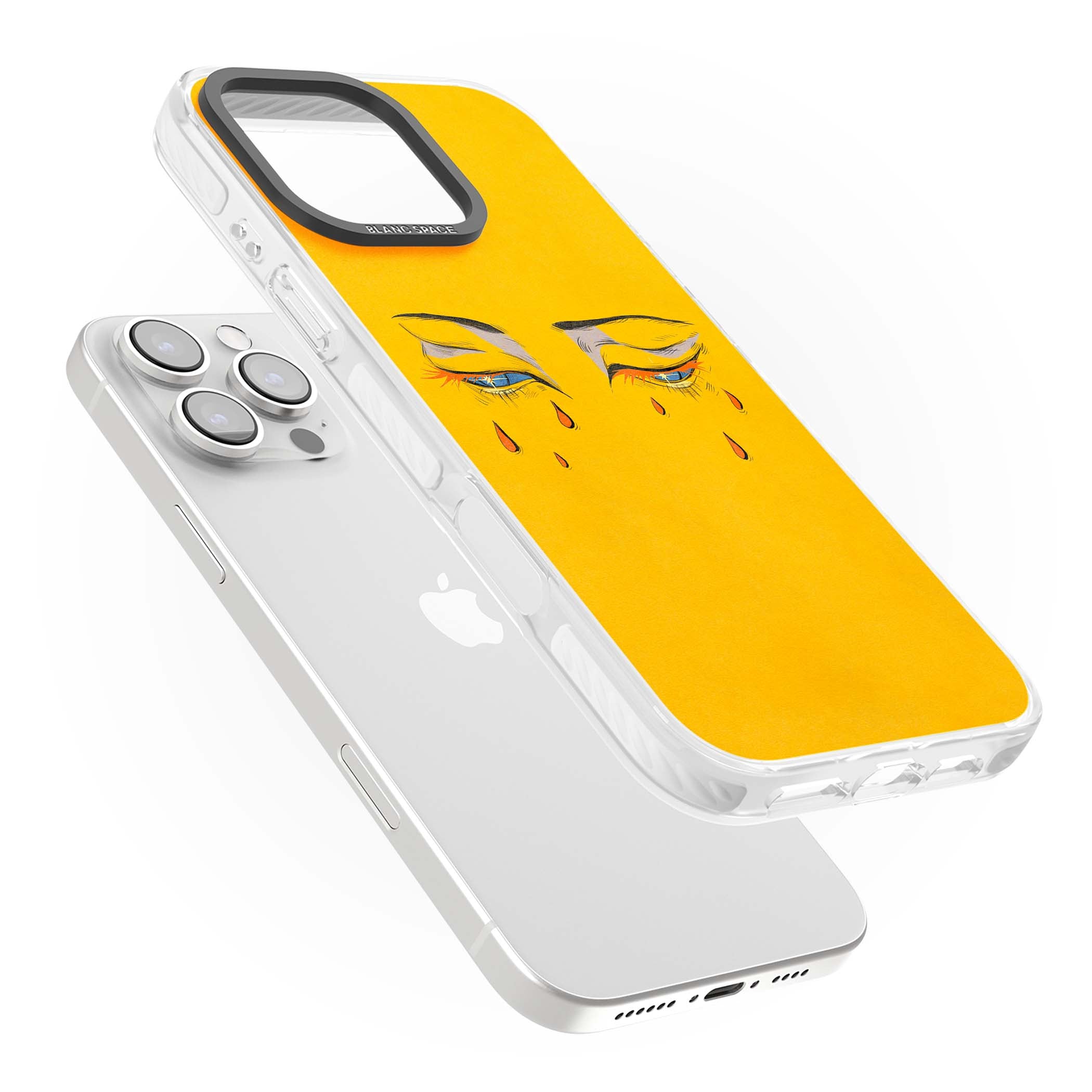 Yellow Tearful Eyes indie iPhone case featuring hand-drawn crying eyes with orange tears on a yellow background | Impact Magsafe case for iPhone 16 Pro, iPhone 16 Pro Max