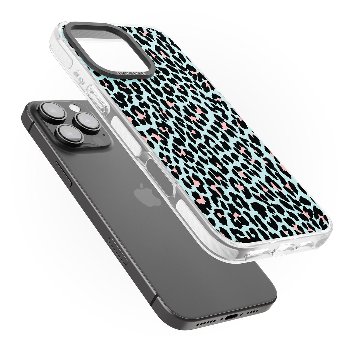 iPhone 16 Pro Max Light Pink on Blue Leopard Print Pattern Black Impact Phone Case