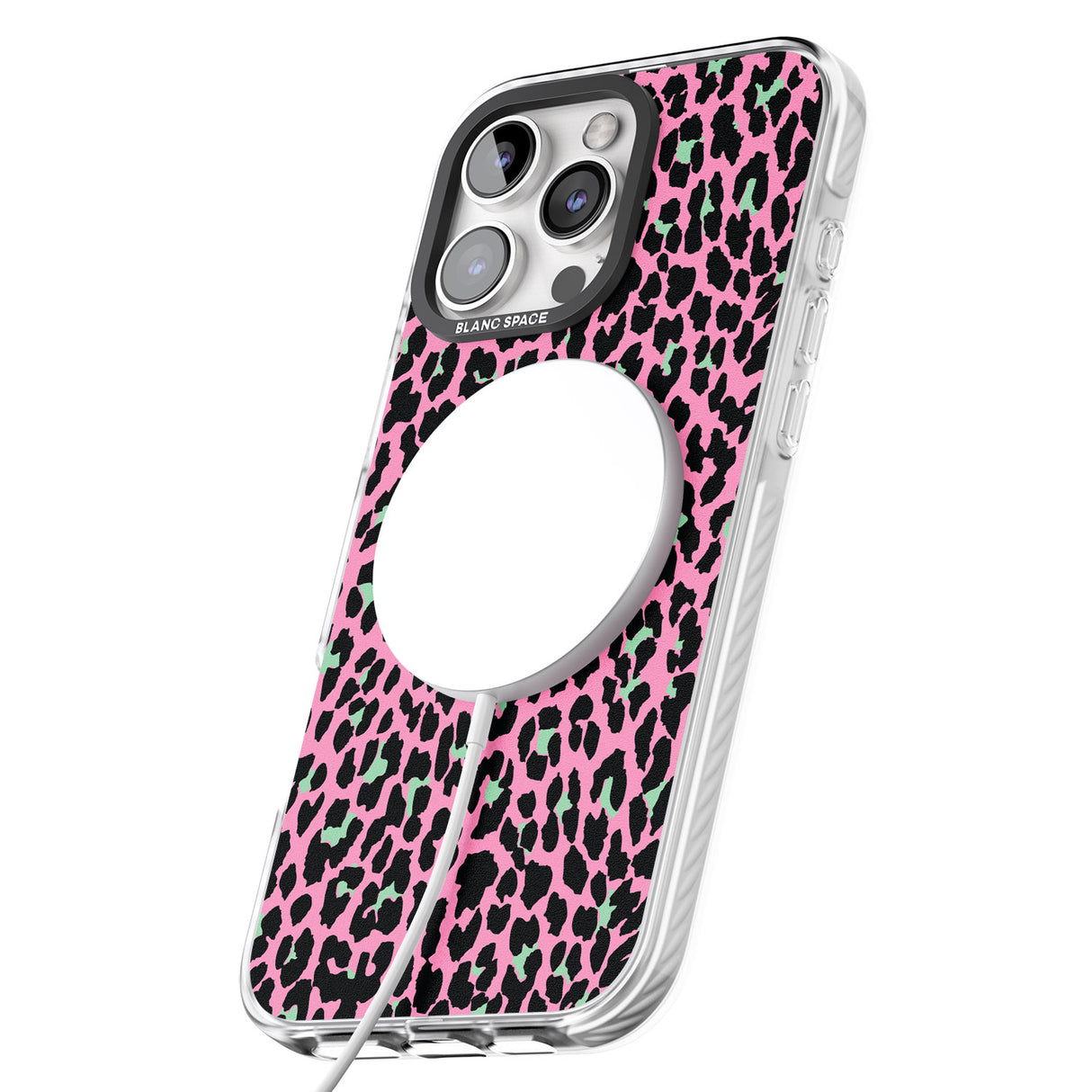 iPhone 16 Pro Max Green on Pink Leopard Print Pattern Black Impact Phone Case