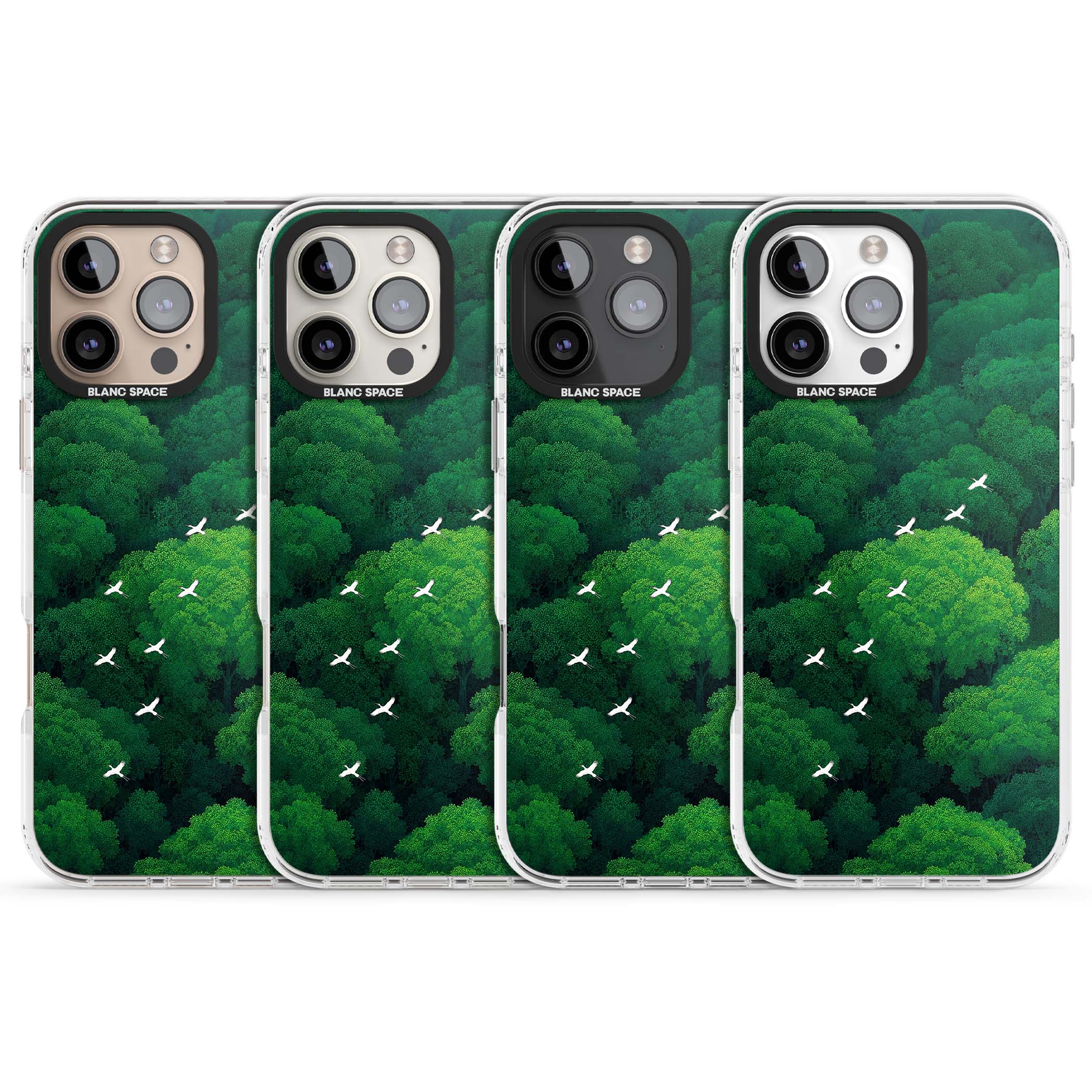 Grove Migration forest iPhone case featuring white cranes flying over lush green treetop canopy | Impact Magsafe case for iPhone 16 Pro, iPhone 16 Pro Max