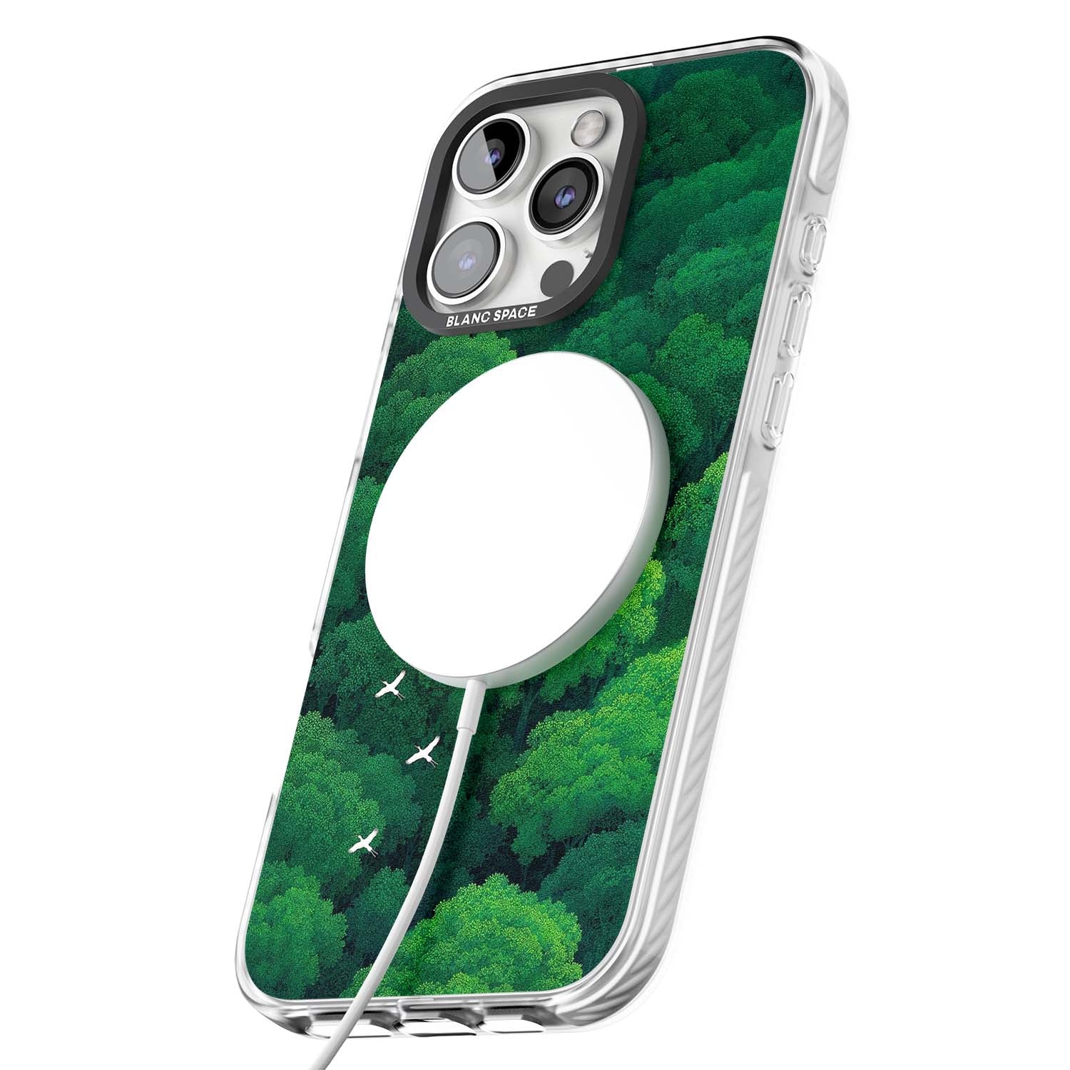 Grove Migration forest iPhone case featuring white cranes flying over lush green treetop canopy | Impact Magsafe case for iPhone 16 Pro, iPhone 16 Pro Max