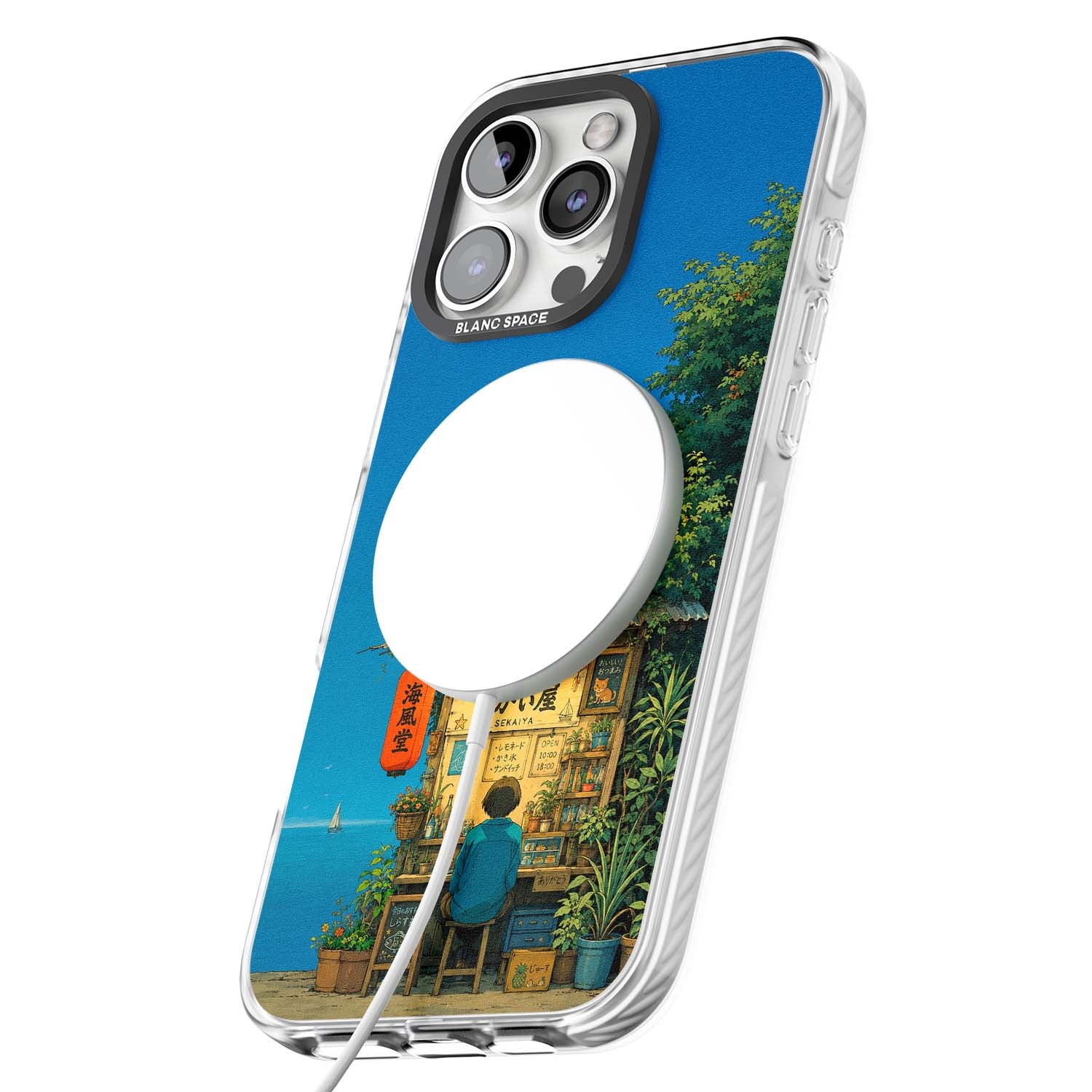 The Shirahama Kiosk anime iPhone case featuring a Japanese seaside shop, red paper lantern and ocean view | Impact Magsafe case for iPhone 16 Pro, iPhone 16 Pro Max