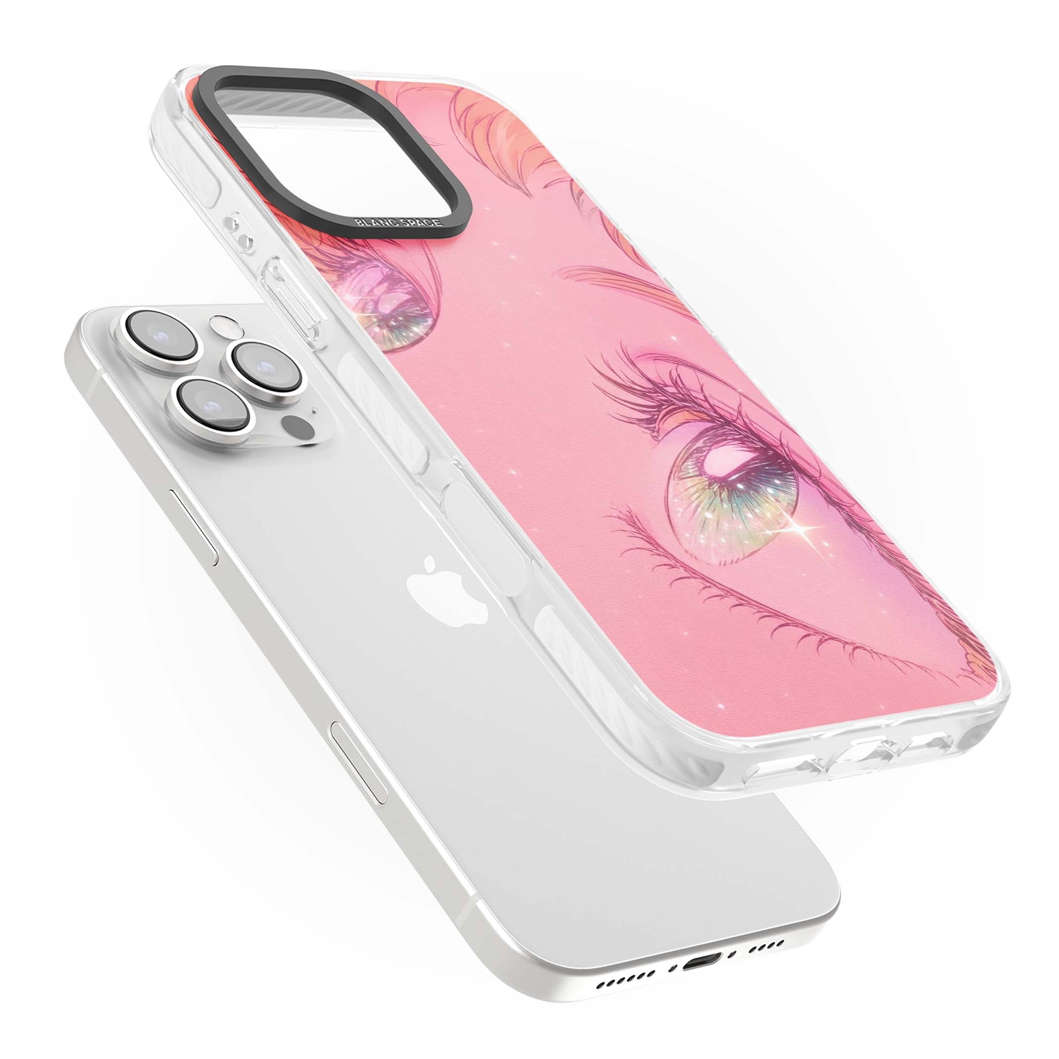 Pink Ethereal Gaze anime iPhone case featuring sparkling manga eyes, coral lashes and dreamy peach sky | Impact Magsafe case for iPhone 16 Pro, iPhone 16 Pro Max