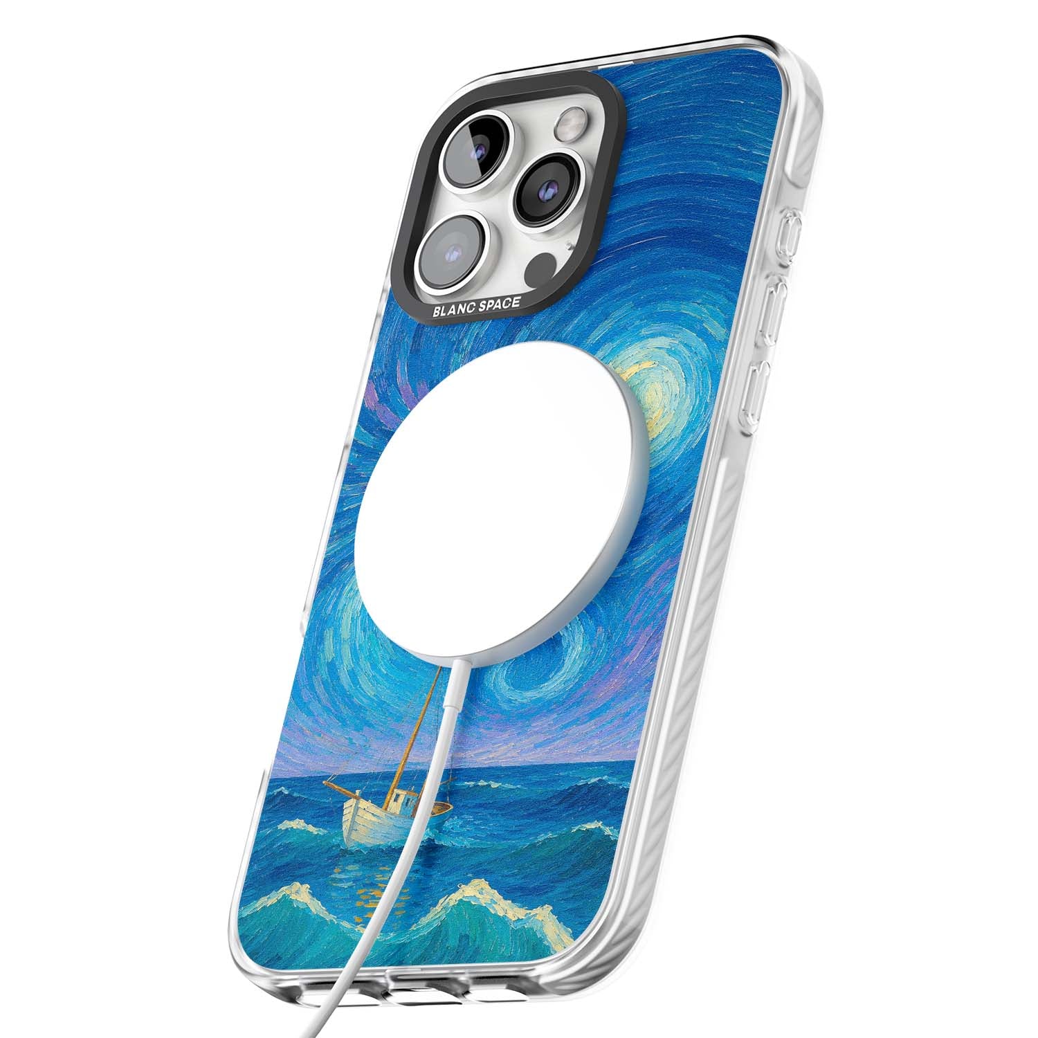 Moonlit Tide Van Gogh art iPhone case featuring swirling starry night sky, glowing moon and lone sailing boat at sea | Impact Magsafe case for iPhone 16 Pro, iPhone 16 Pro Max