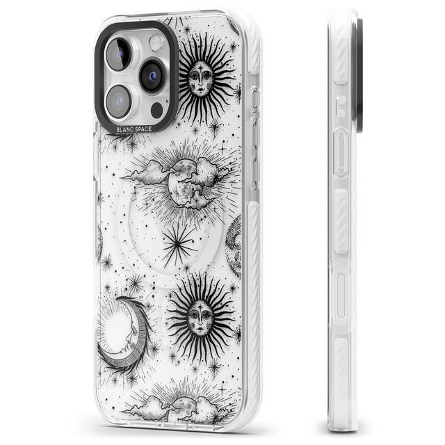 iPhone 16 Pro Max Transparent Suns, Moons & Clouds Black Impact Phone Case