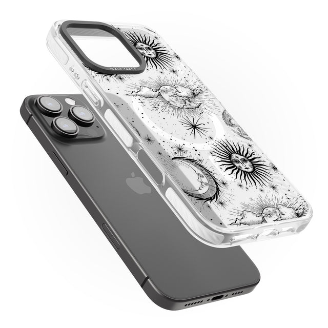 iPhone 16 Pro Max Transparent Suns, Moons & Clouds Black Impact Phone Case