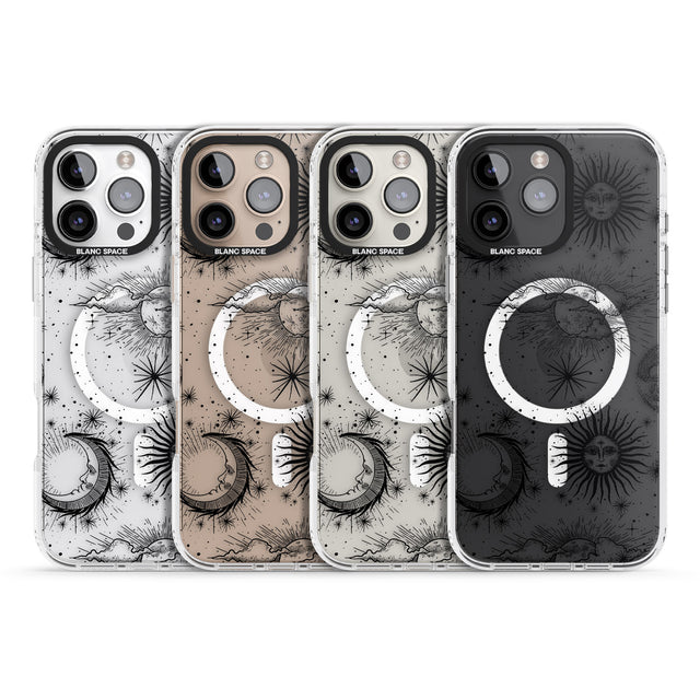 iPhone 16 Pro Max Transparent Suns, Moons & Clouds Black Impact Phone Case