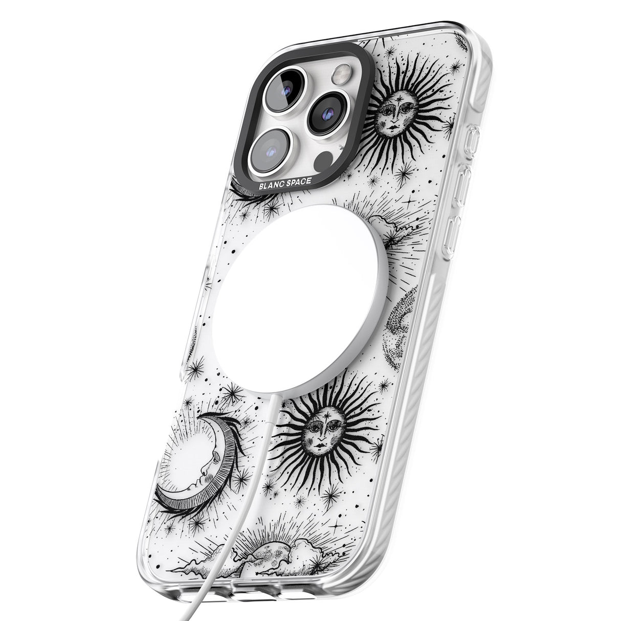 iPhone 16 Pro Max Transparent Suns, Moons & Clouds Black Impact Phone Case