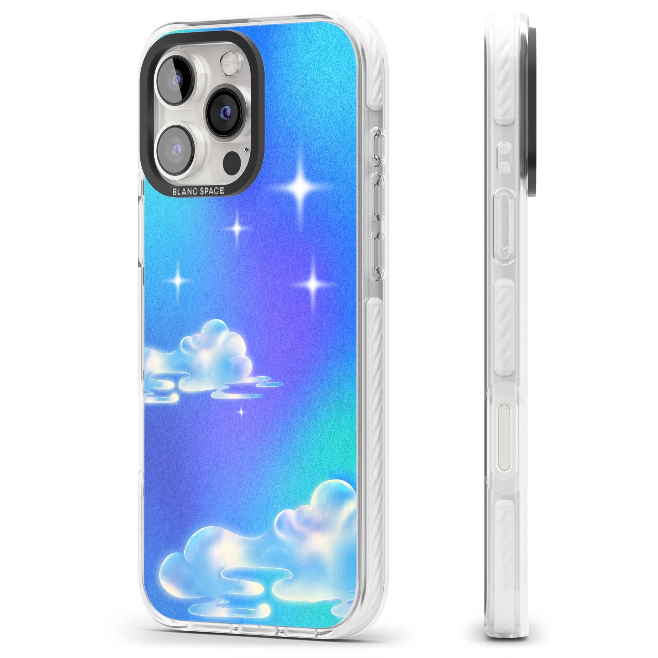Aurora celestial iPhone case featuring dreamy iridescent clouds, sparkling stars and pastel blue purple sky | Impact Magsafe case for iPhone 16 Pro, iPhone 16 Pro Max