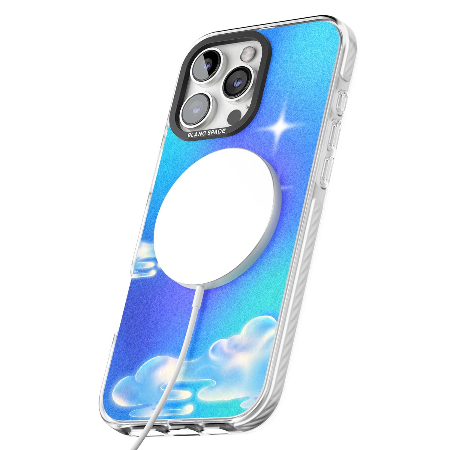 Aurora celestial iPhone case featuring dreamy iridescent clouds, sparkling stars and pastel blue purple sky | Impact Magsafe case for iPhone 16 Pro, iPhone 16 Pro Max