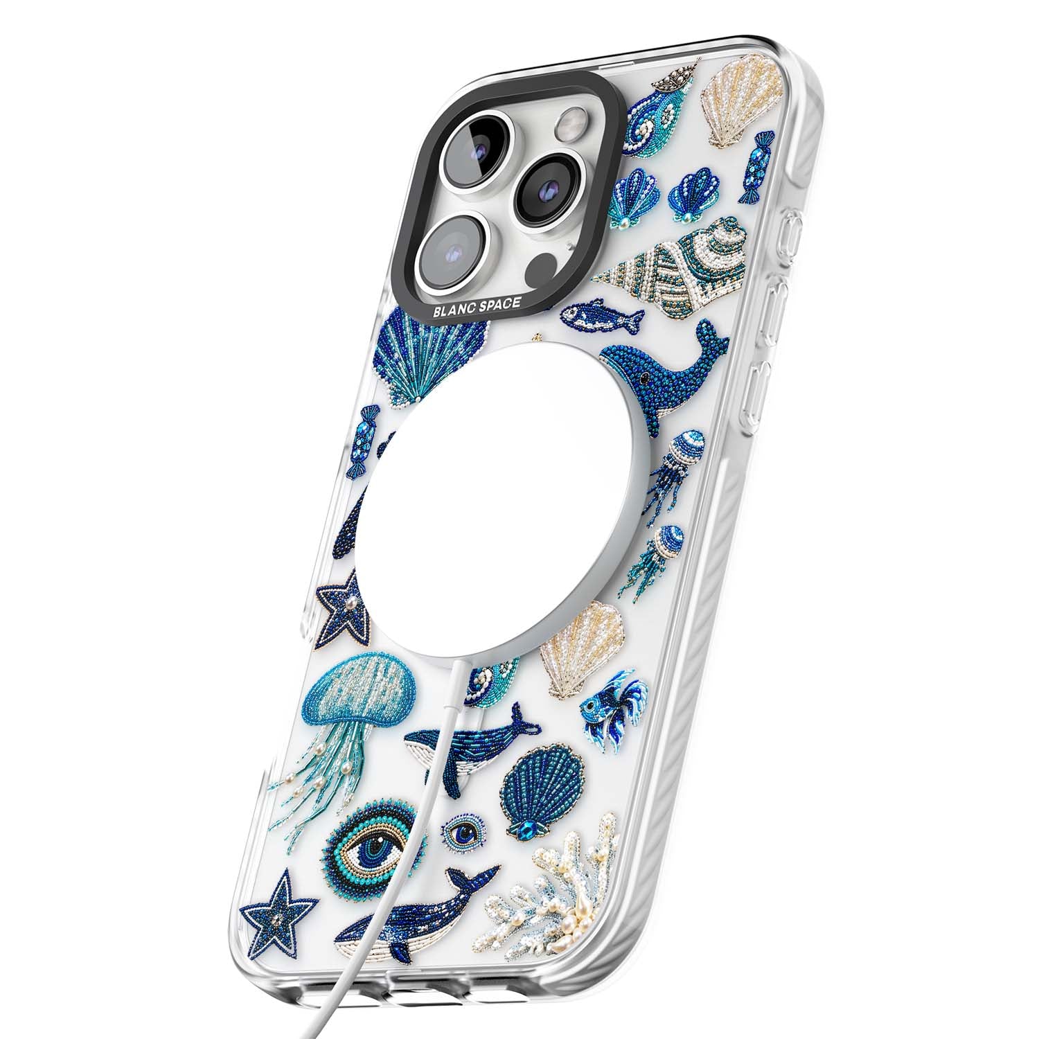 Beaded Coastal coastal iPhone case featuring embroidered seashells, jellyfish and a blue whale on clear | Impact Magsafe case for iPhone 16 Pro, iPhone 16 Pro Max