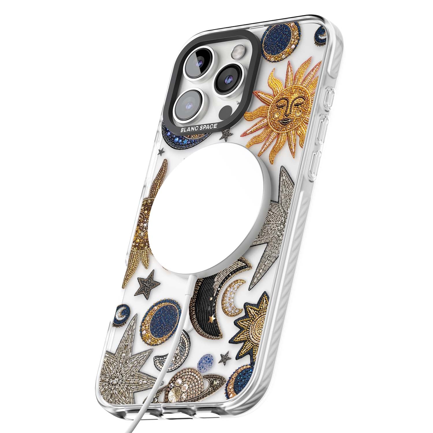Beaded Cosmos celestial iPhone case featuring embroidered golden suns, beaded planets and silver shooting stars | Impact Magsafe case for iPhone 16 Pro, iPhone 16 Pro Max