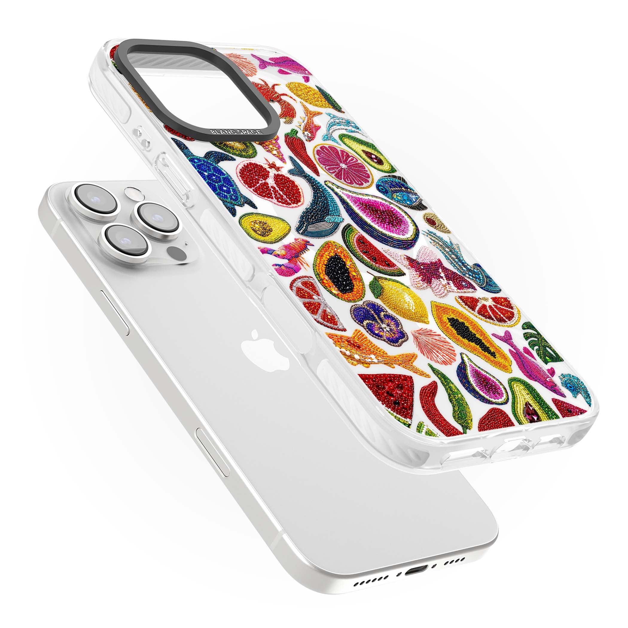 Beaded Tropic tropical iPhone case featuring beaded fruit, fish, crabs and seashells in vibrant colour | Impact Magsafe case for iPhone 16 Pro, iPhone 16 Pro Max