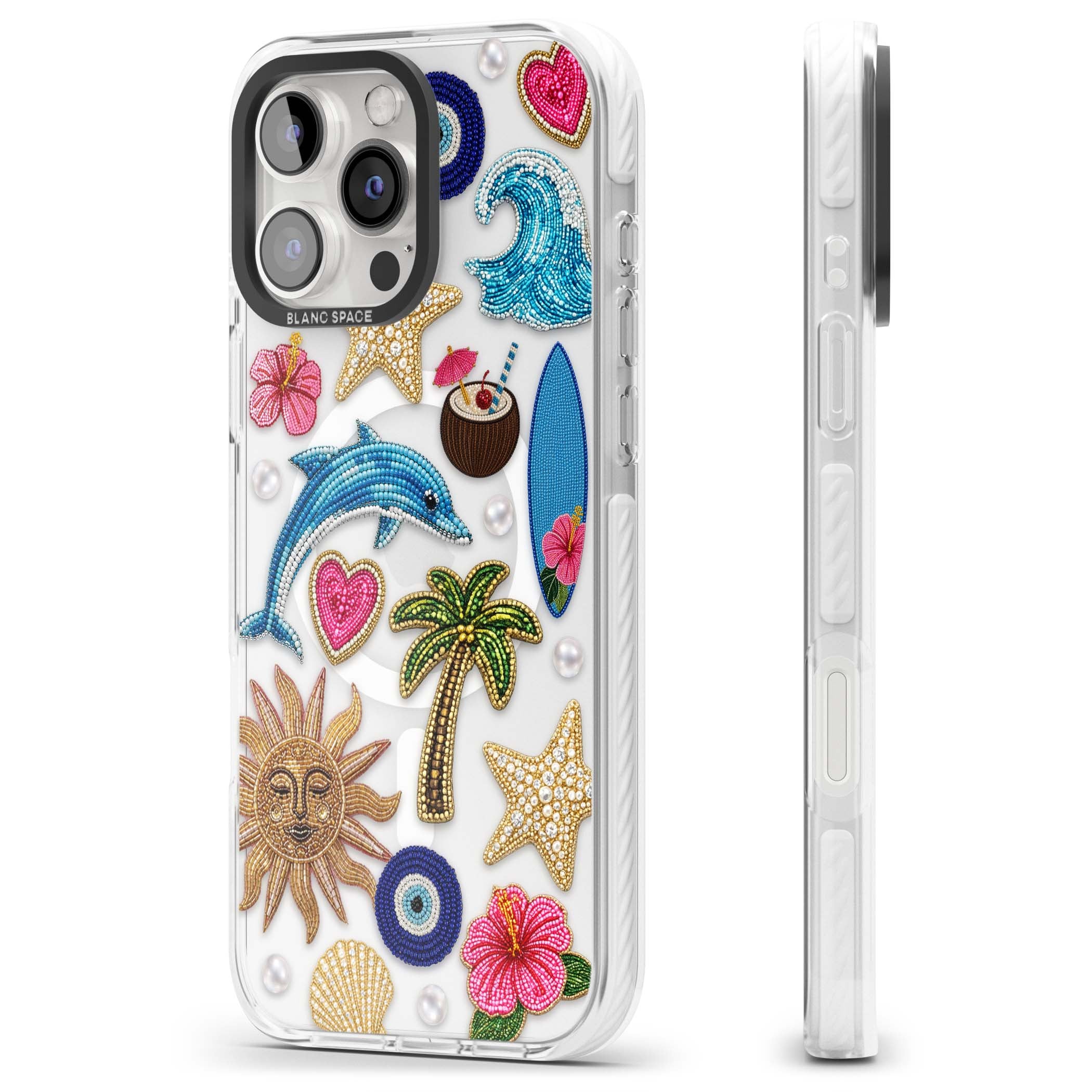 Beaded Beach coastal summer iPhone case featuring embroidered evil eye, hibiscus flowers, dolphin and palm tree patches | Impact Magsafe case for iPhone 16 Pro, iPhone 16 Pro Max