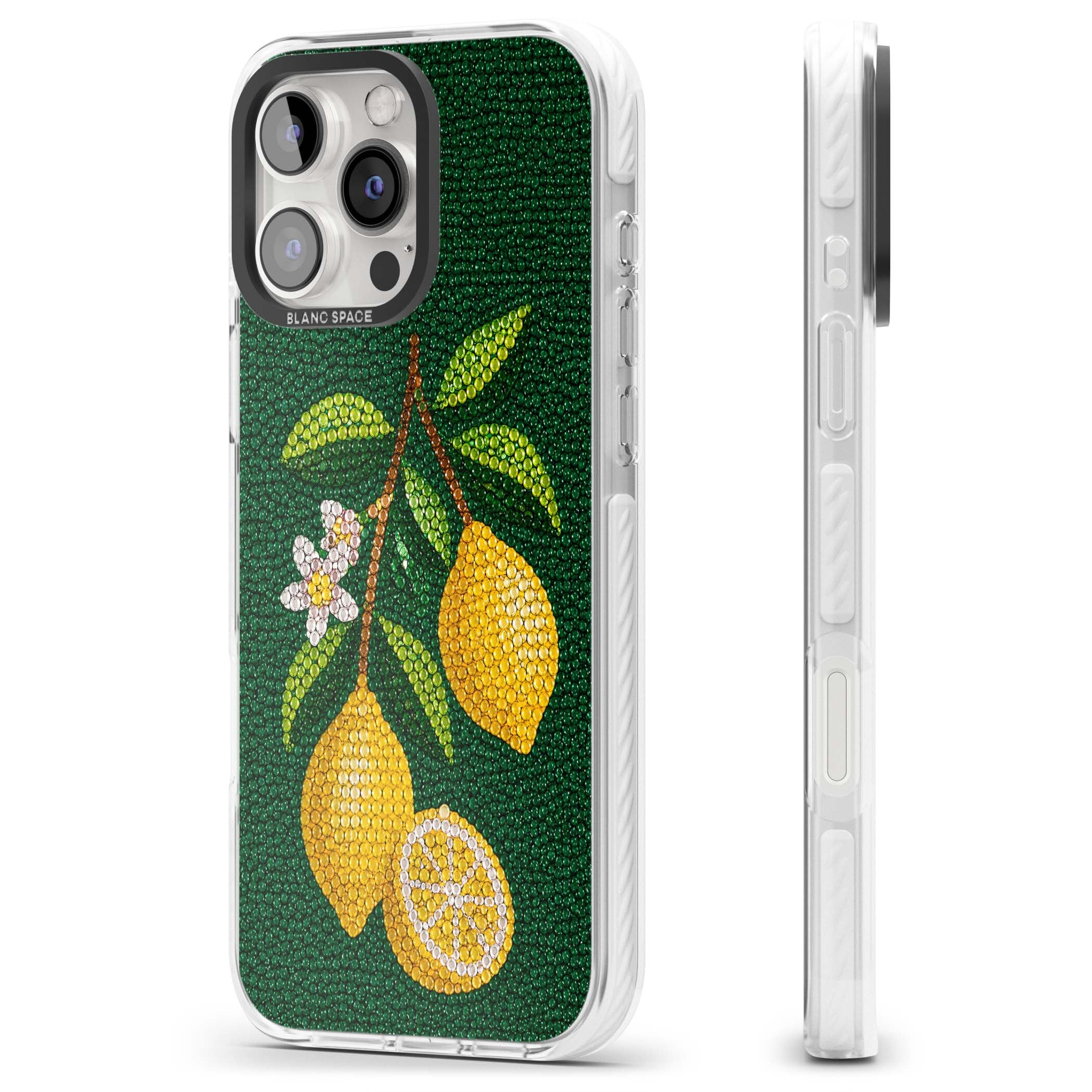 Beaded Lemons coastal iPhone case featuring crystal-beaded lemons, citrus blossom and green leaves on emerald ground | Impact Magsafe case for iPhone 16 Pro, iPhone 16 Pro Max