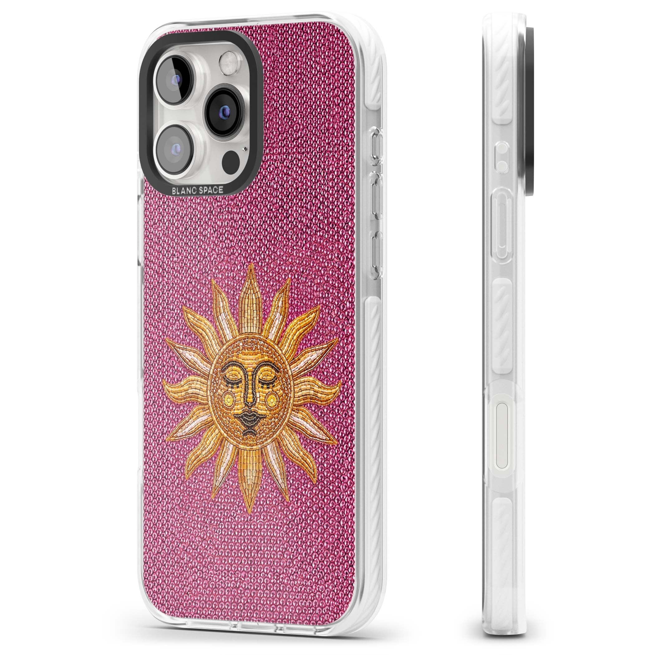 Beaded Sun celestial iPhone case featuring a golden beaded sun face with radiant rays on hot pink beaded background | Impact Magsafe case for iPhone 16 Pro, iPhone 16 Pro Max