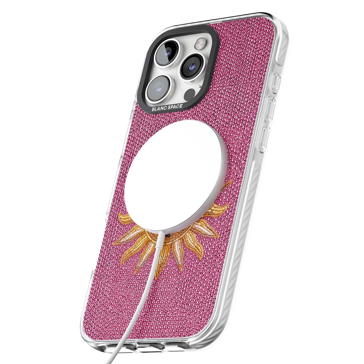 Beaded Sun celestial iPhone case featuring a golden beaded sun face with radiant rays on hot pink beaded background | Impact Magsafe case for iPhone 16 Pro, iPhone 16 Pro Max