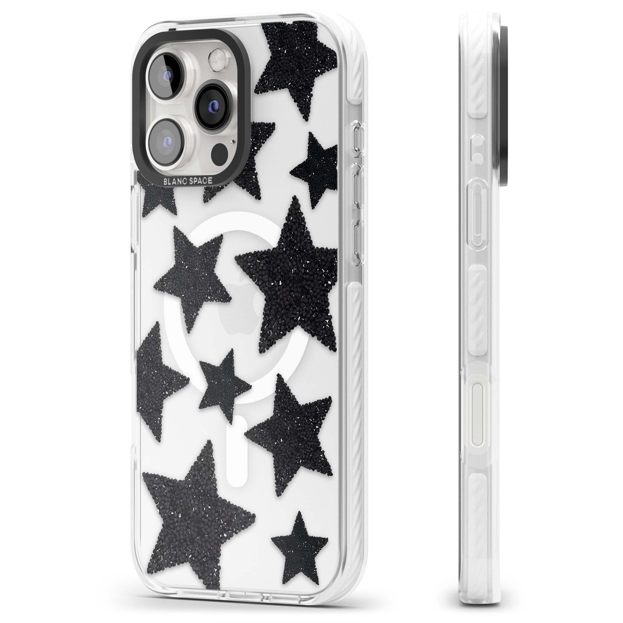 Beaded Black Stars celestial iPhone case featuring black glitter beaded stars scattered on a clear background | Impact Magsafe case for iPhone 16 Pro, iPhone 16 Pro Max