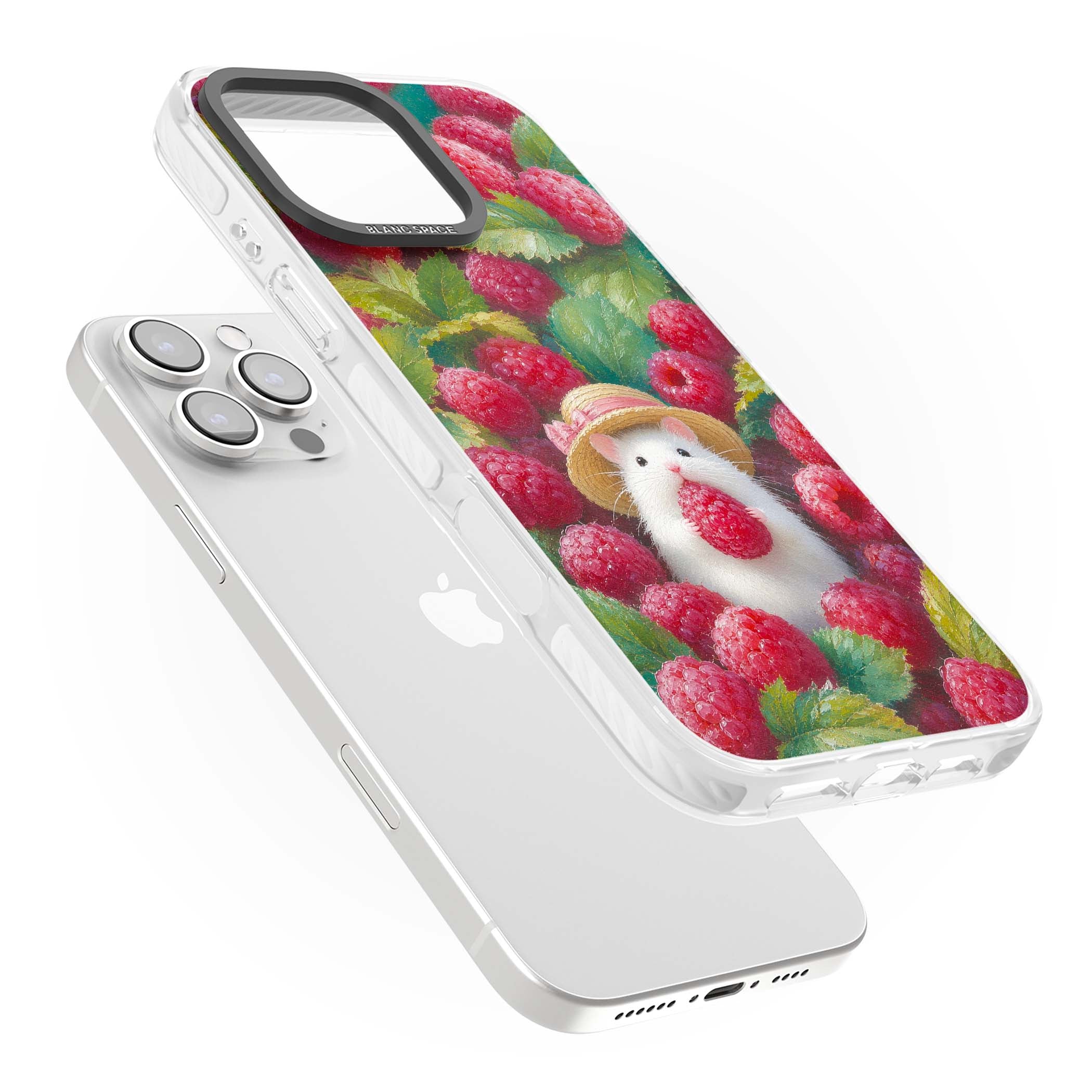 Berry Forager cottagecore iPhone case featuring a white hamster in a straw hat holding a raspberry surrounded by ripe ber | Impact Magsafe case for iPhone 16 Pro, iPhone 16 Pro Max