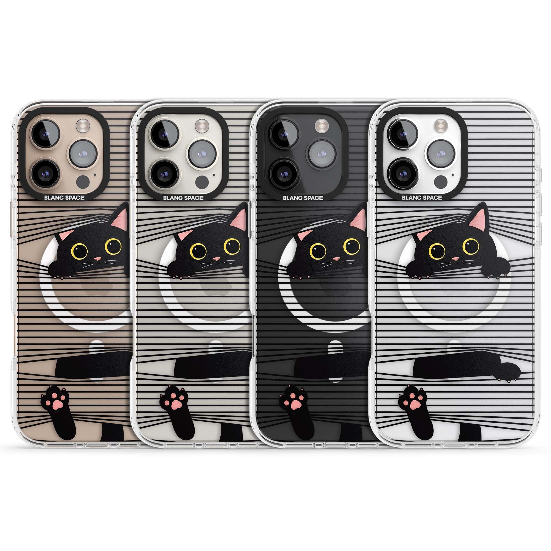 Peek-a-Boo Cat minimal iPhone case featuring black cat peeking through horizontal black and white stripes | Impact Magsafe case for iPhone 16 Pro, iPhone 16 Pro Max