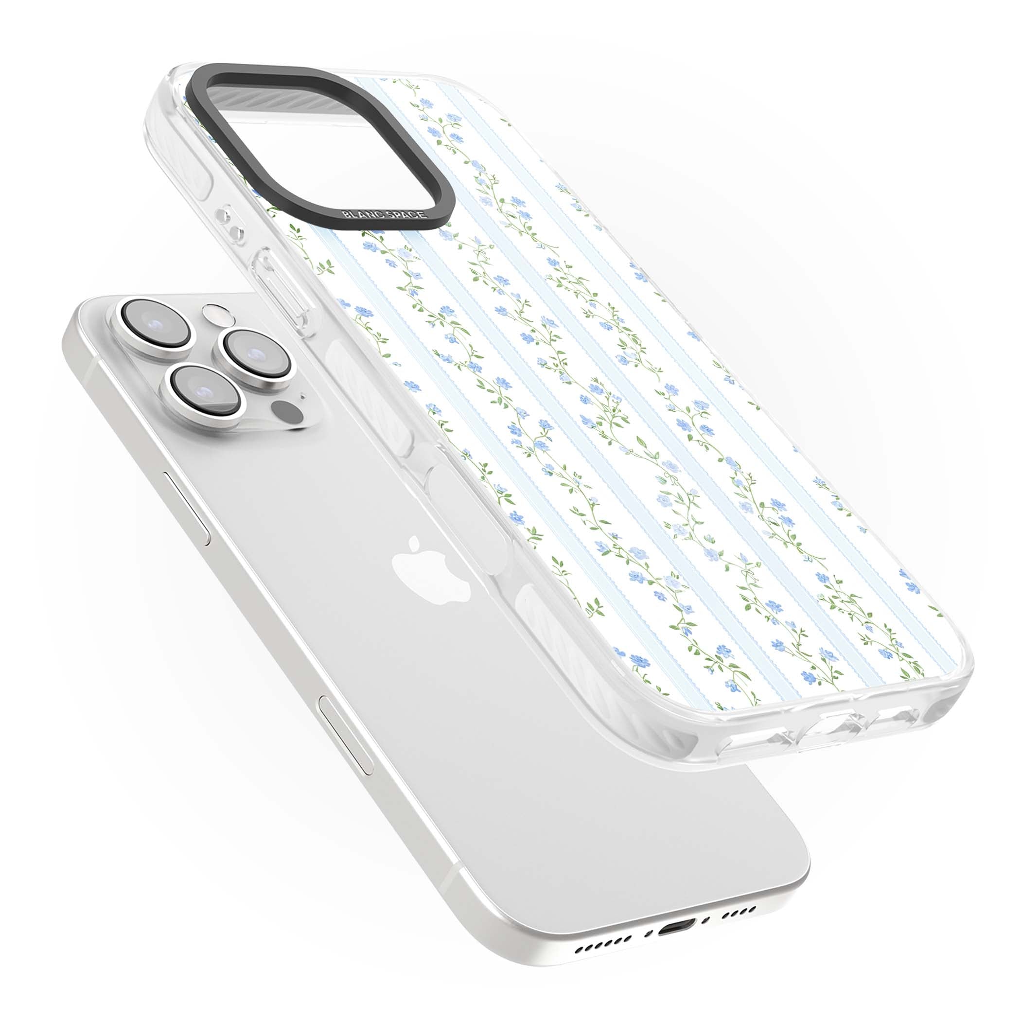 Bluebell Vine cottagecore iPhone case featuring climbing blue roses, trailing green vines, and pale ticking stripes | Impact Magsafe case for iPhone 16 Pro, iPhone 16 Pro Max