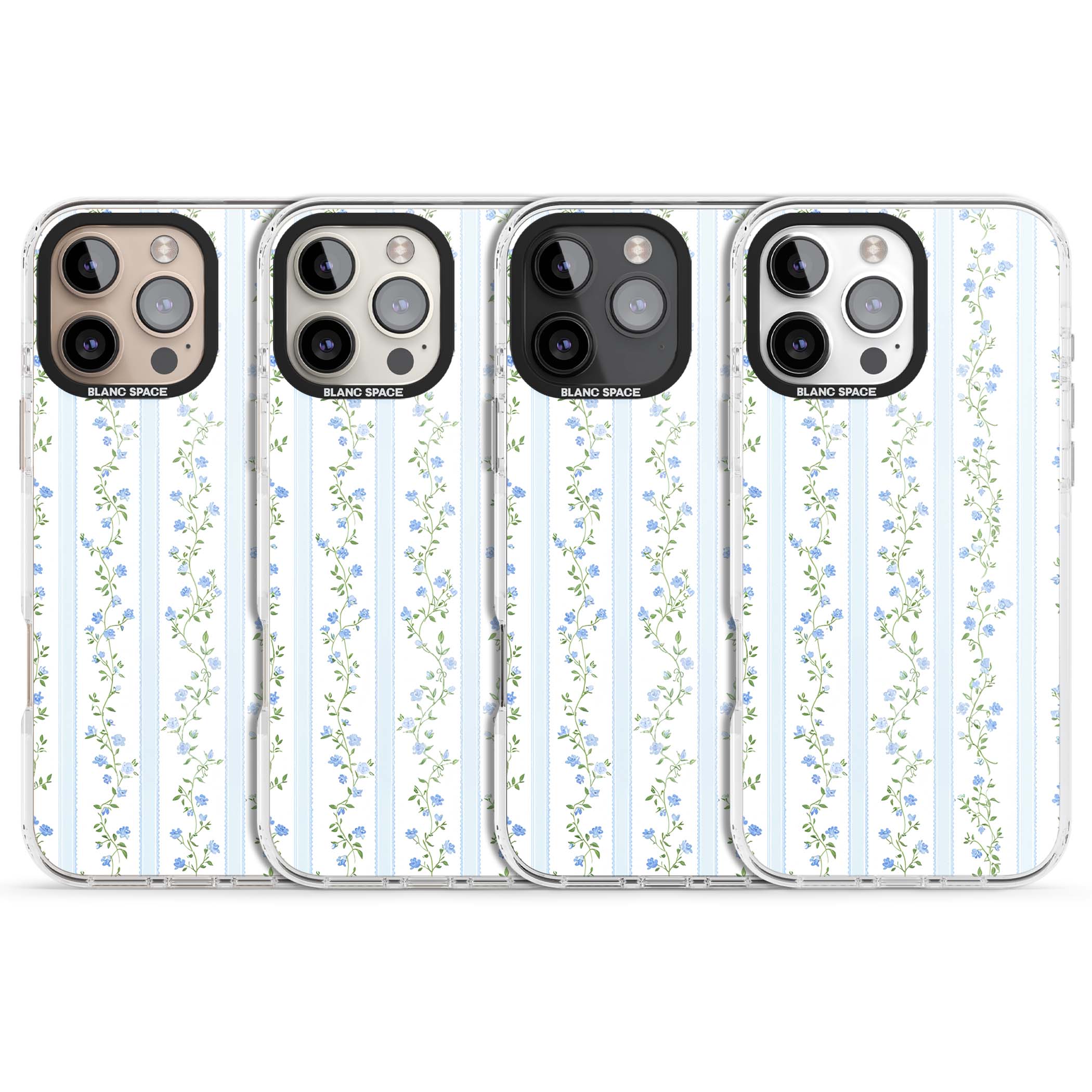 Bluebell Vine cottagecore iPhone case featuring climbing blue roses, trailing green vines, and pale ticking stripes | Impact Magsafe case for iPhone 16 Pro, iPhone 16 Pro Max