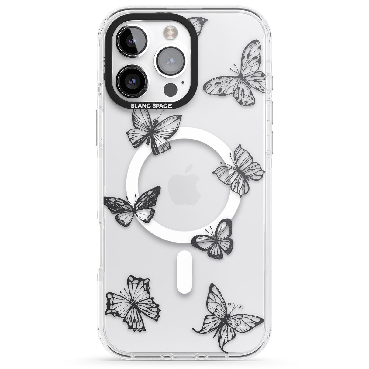 iPhone 16 Pro Max Grey Butterfly Line Pattern Black Impact Phone Case