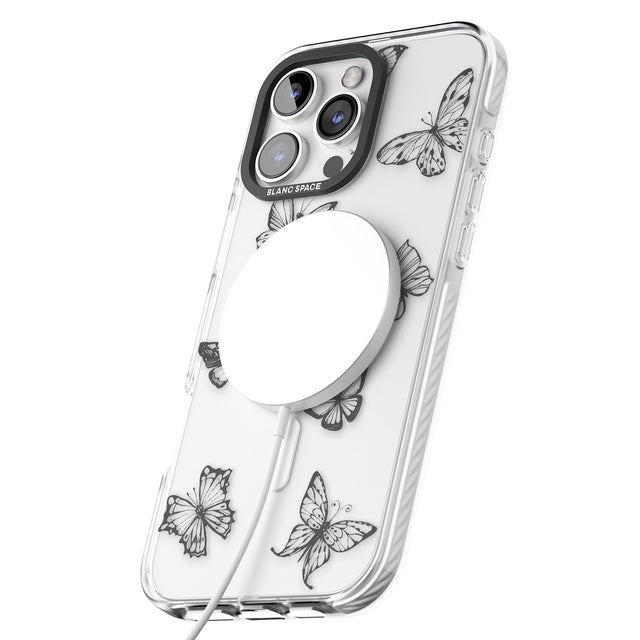 iPhone 16 Pro Max Grey Butterfly Line Pattern Black Impact Phone Case