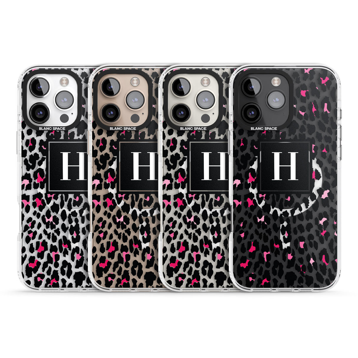 iPhone 16 Pro Max Personalised Pink Monogram Leopard Spots Black Impact Phone Case