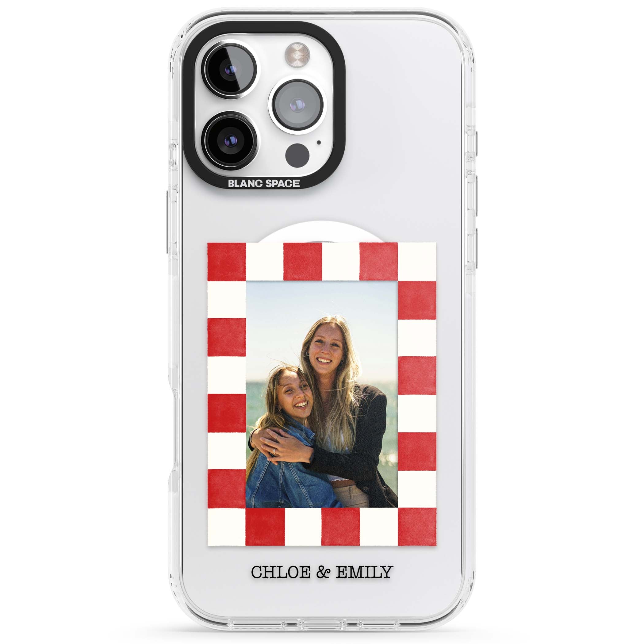 Red Check Photo personalised photo iPhone case with red and white checkered polaroid frame and custom couple name | Impact Magsafe case for iPhone 16 Pro, iPhone 16 Pro Max