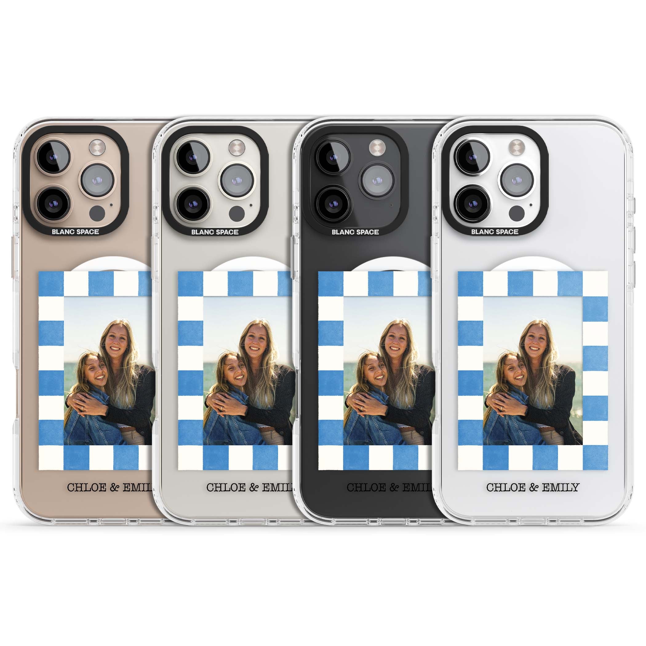 Blue Check Photo personalised photo iPhone case with blue checkered frame and custom couple names | Impact Magsafe case for iPhone 16 Pro, iPhone 16 Pro Max