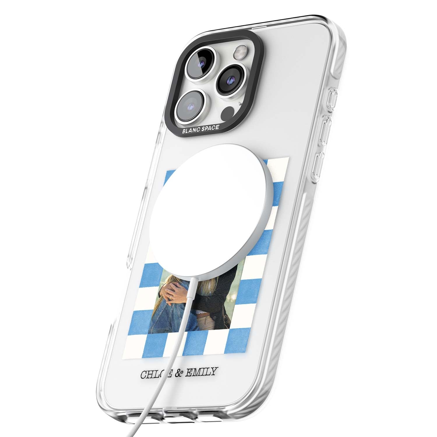 Blue Check Photo personalised photo iPhone case with blue checkered frame and custom couple names | Impact Magsafe case for iPhone 16 Pro, iPhone 16 Pro Max