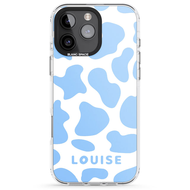 iPhone 16 Pro Max Personalised Blue and White Cow Print Black Impact Phone Case