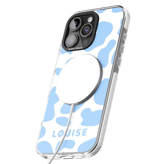 iPhone 16 Pro Max Personalised Blue and White Cow Print Black Impact Phone Case