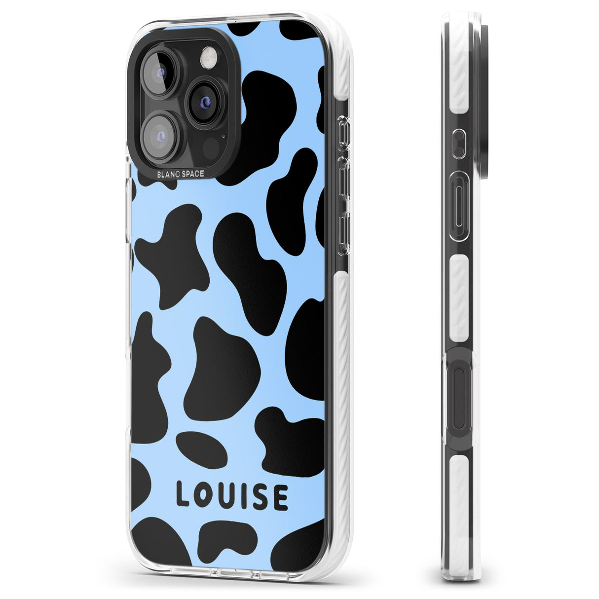 iPhone 16 Pro Max Personalised Blue and Black Cow Print Black Impact Phone Case