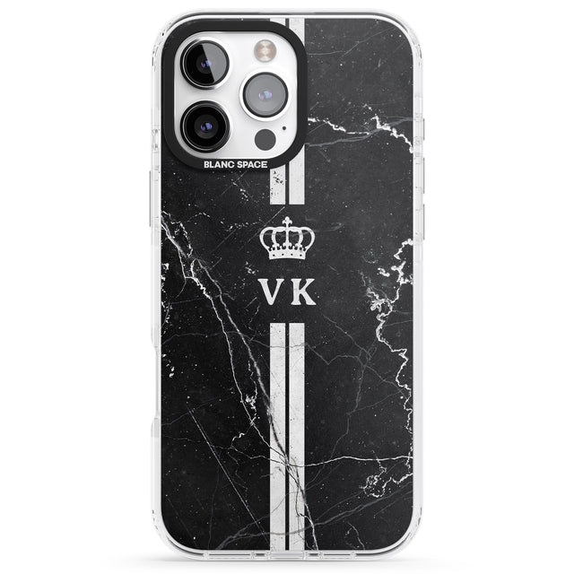 iPhone 16 Pro Max Personalised Stripes + Initials with Crown on Black Marble Black Impact Phone Case