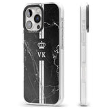 iPhone 16 Pro Max Personalised Stripes + Initials with Crown on Black Marble Black Impact Phone Case