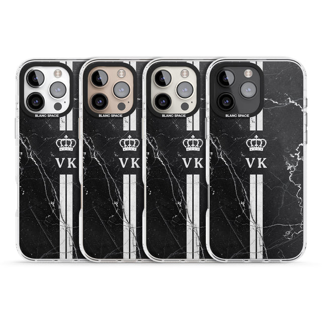 iPhone 16 Pro Max Personalised Stripes + Initials with Crown on Black Marble Black Impact Phone Case