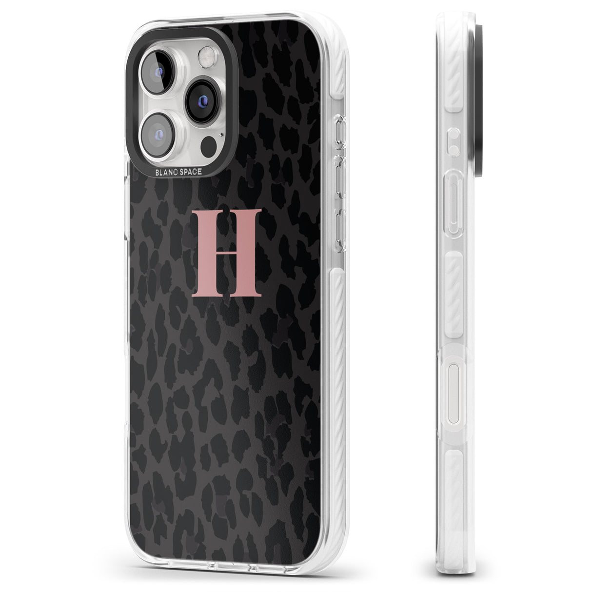 iPhone 16 Pro Max Personalised Small Pink Leopard Monogram Black Impact Phone Case