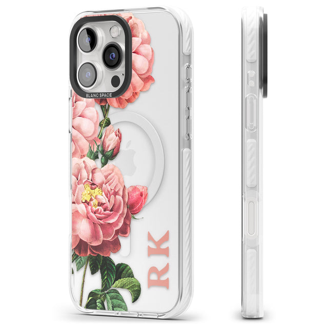 iPhone 16 Pro Max Personalised Clear Vintage Floral Pink Peonies Black Impact Phone Case