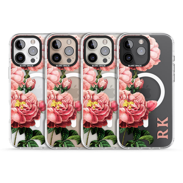 iPhone 16 Pro Max Personalised Clear Vintage Floral Pink Peonies Black Impact Phone Case