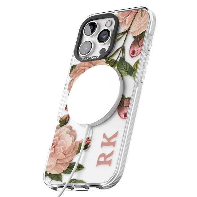 iPhone 16 Pro Max Personalised Clear Vintage Floral Pale Pink Peonies Black Impact Phone Case